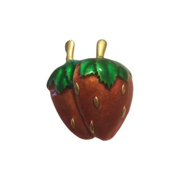 Vintage Enamel Strawberry Brooch with Gold Stem - Picture 2 of 7